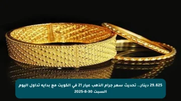 29.625 دينار.. تحديث سعر جرام الذهب عيار 21 في الكويت مع بداية تداول اليوم السبت 30-8-2025
